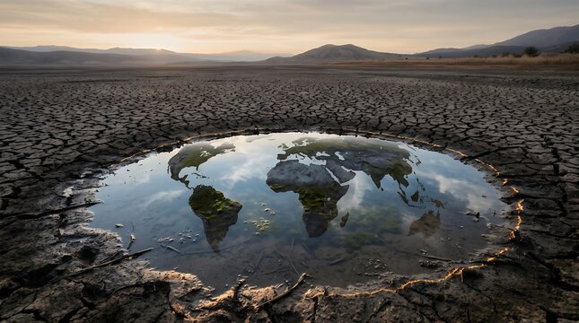 World map reflection in a dried cracked earth puddle
