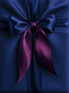 Closeup view of luxury wrapped square gift box with big elegant satin bow made of dark blue and deep purple ribbons for holiday present
