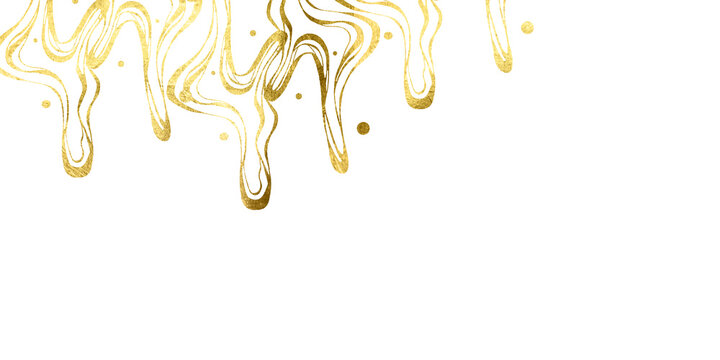 Liquid gold droplets of water trickle down. A luxurious banner. sparkling dust particles overlay on transparent background. Glowing foil glitter trail and stardust effect. Gold sparkle splatter border