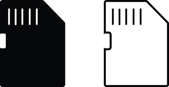 Micro SD card icon set vector with memory storage card symbol. Digital data storage and mobile device memory concept. Black solid and outline micro SD card
