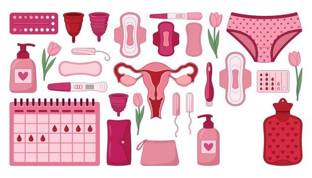 Women menstruation health vector icon set. Uterus, pad, tampon, calendar, cup, underwear and test.