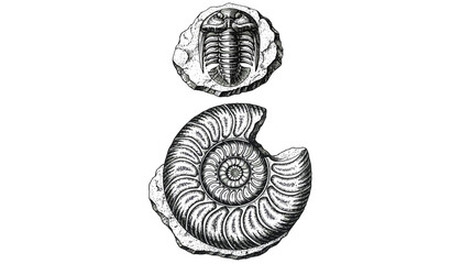 Engraved scientific illustrations of trilobite and ammonite fossils © Darogali