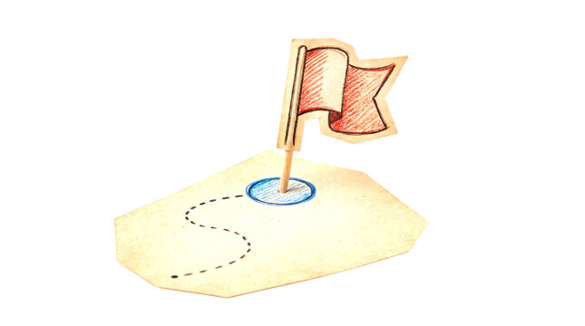Red flag marker pin isolated on transparent background for navigation and location mapping projects cutout map path dotted route paper blue circle wood stick travel destination gps tracking waypoint