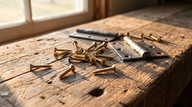 Close up of bare metal hardware including hinges and screws scattered on an old wooden workbench in workshop
