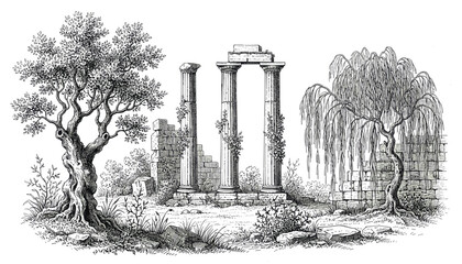 Fototapeta premium Antique style engraving of ancient ruins with columns and trees