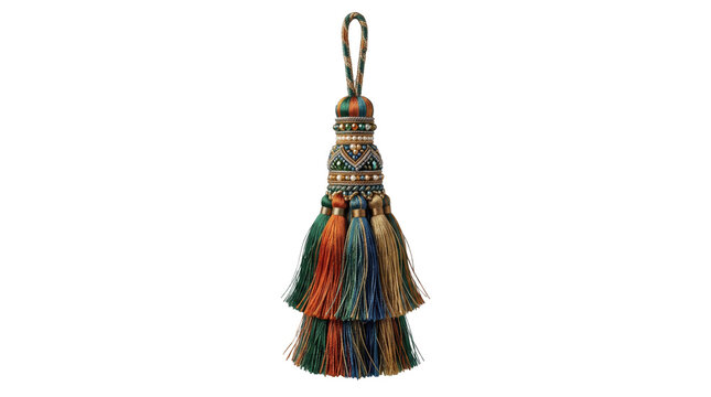 Vintage decorative tassel tieback, multi-colored silk curtain tassel embellishment, luxury textile fringe accessory isolated on white background
