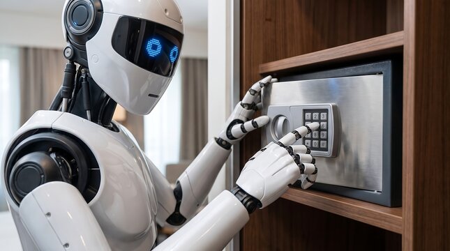 A futuristic white humanoid robot with glowing blue eyes attempts to open a small metal safe integrated into a wooden shelf in an indoor setting.
