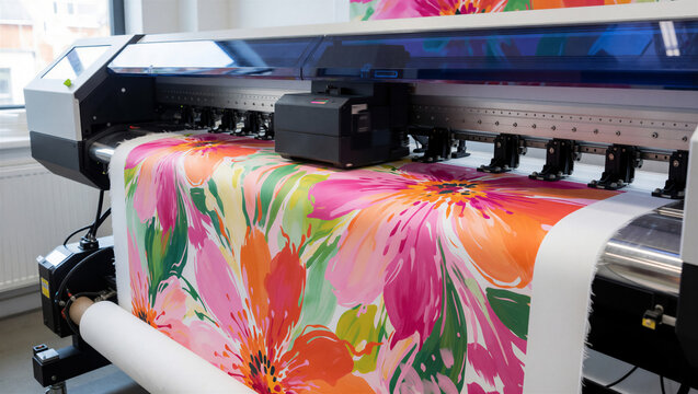 Large format printer producing custom fabric with a vibrant floral pattern. Professional digital textile printing machine in operation