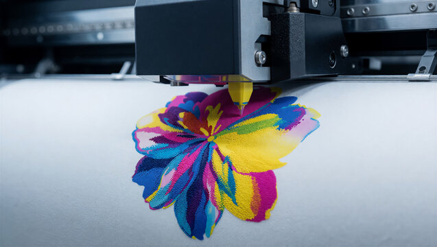 Industrial printer printing a colorful flower design on white canvas. Professional large format printing equipment producing high-quality graphic art