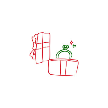 wedding ring inside a gift box with ribbon doodle