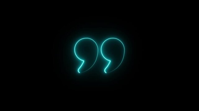  Glowing Cyan Neon Double Quotation Marks Icon Animation on Black Background, quotation marks icon on black background,