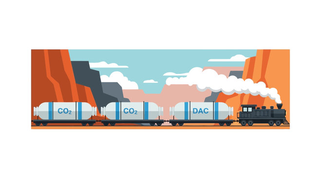 Carbon Capture and Storage Train Vector Illustration with CO2 and DAC Tanks