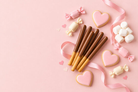 Flat Lay Composition of Chocolate Stick Biscuits, Pink Heart Icing Cookies, Candies, Marshmallows, and Ribbon on Pastel Pink Background with Copy Space
