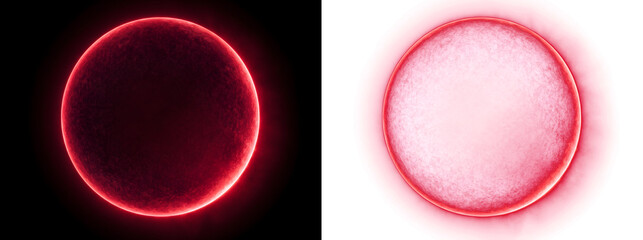 Dark red circle with a glowing crimson neon rim and textured inner surface for dramatic eclipse style designs in PNG, Transparent and Black Background Versions © Guddoo