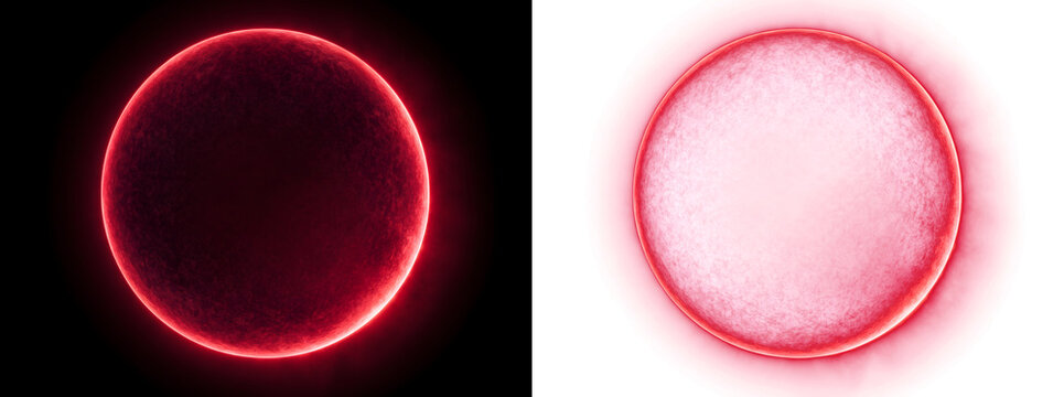 Dark red circle with a glowing crimson neon rim and textured inner surface for dramatic eclipse style designs in PNG, Transparent and Black Background Versions