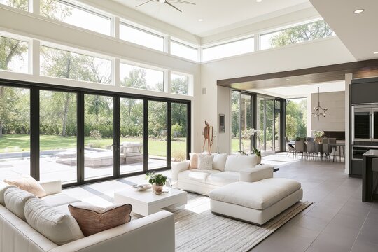 Close view of open-plan family room with clerestory windows in clear daylight