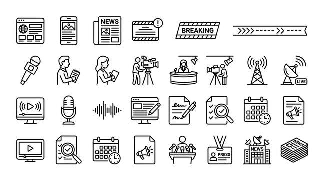 Modern News and Mass Media Outline Icons Featuring Digital Publishing Live Broadcast Headlines Journalism and Media Communication