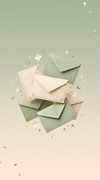 Floating green Eid envelopes with gold confetti, crescents and jasmine on pastel gradient background