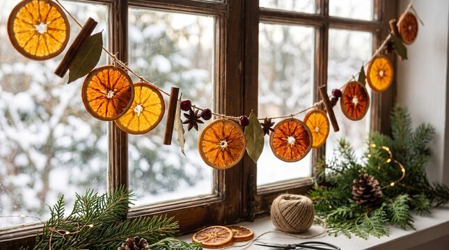 Rustic DIY dried orange slice garland with cinnamon sticks and bay leaves hanging on a vintage wooden window pane during a snowy winter day, creating a cozy and festive holiday home atmosphere