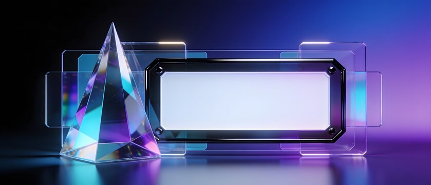 Modern 3D geometric offer banner frame with glass pyramid and neon backlighting