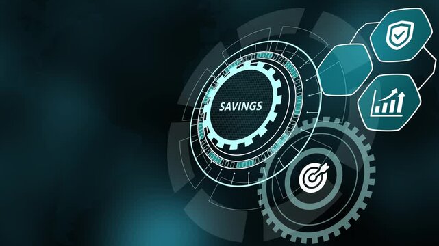 Digital savings technology concept with glowing interface icons for banking, investment growth, and secure financial management.