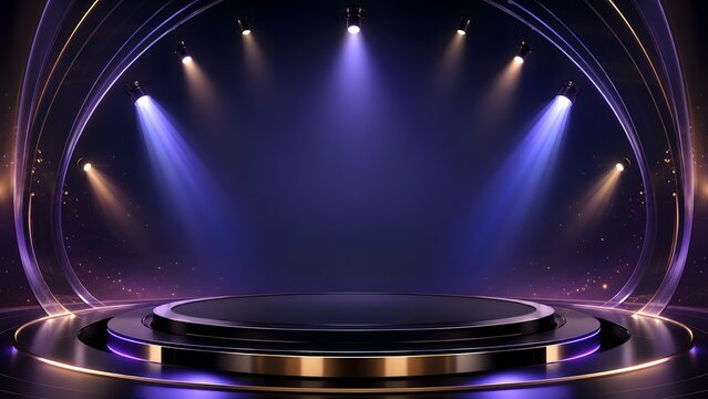 Futuristic metallic arch stage background with dark circular podium and spotlights