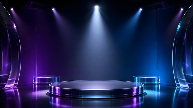 Futuristic glass podium stage display with purple and blue spotlight illumination