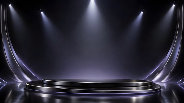 Luxury black product podium stage background with overhead spotlights
