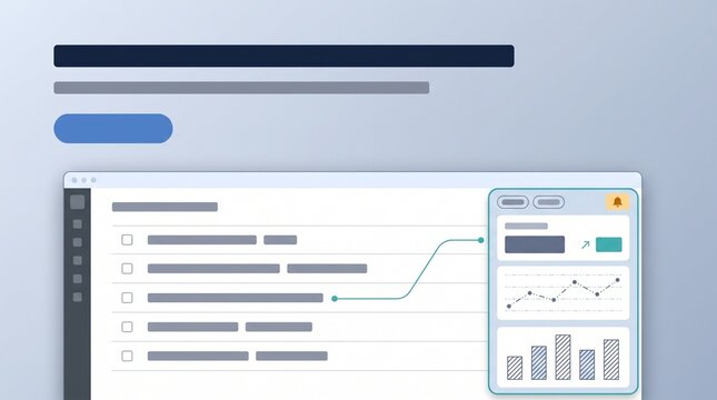 Embedded Analytics Dashboard Interface Mockup With Data List, Line Chart And Bar Chart Panel On Blue Gradient Background