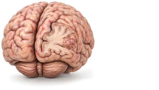 Brain tumor with a focal cerebral lesion in a photorealistic 3D medical render showing preserved surrounding anatomy and copy space for neurology education, patient information and healthcare design