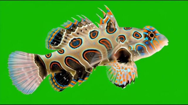 A clown dragonet with colorful patterns, isolated on a green background