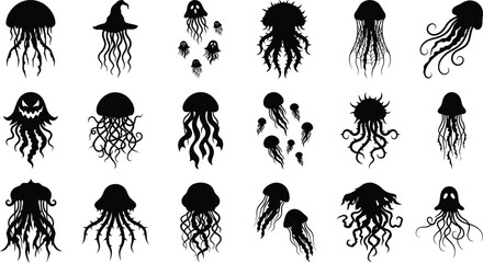 Collection of black silhouettes of jellyfish with various shapes and spooky halloween-themed details on a plain white background set © GT Designs