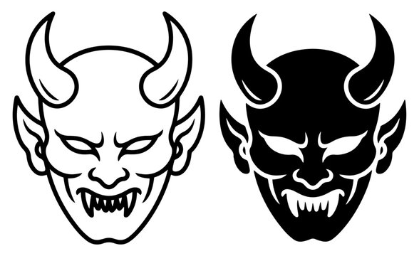 devil face icon set with horns and sharp fangs