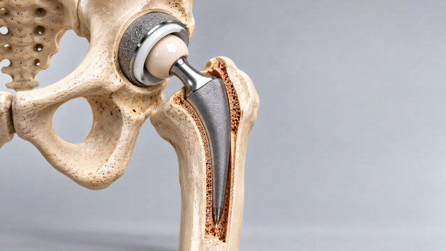 Cross section of human hip joint model with titanium medical implant prosthesis demonstrating total hip replacement arthroplasty surgery and bone integration detail