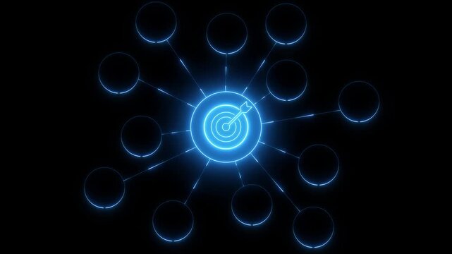 Neon Customer relationship management concept. wooden block with target icon linked with icons for customer focus group. Data exchanges development and customer service animation .