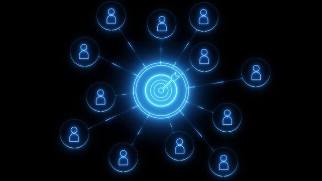 Neon Customer relationship management concept. wooden block with target icon linked with icons for customer focus group. Data exchanges development and customer service animation .