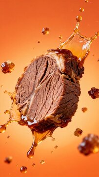 Cooked braised beef chunk with rich savory brown sauce and sugar pieces splashing flying against solid gradient orange background, delicious Asian style cooked meat dish