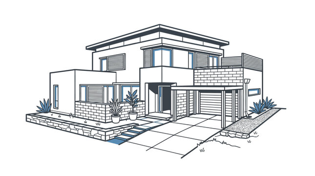 Architectural design illustrates a modern two-story house with a landscaped garden and driveway.