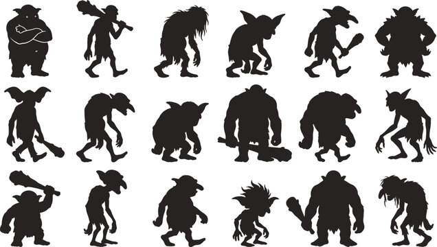 Eighteen black silhouettes of goblins and trolls in various poses holding clubs and isolated on a white background, for fantasy