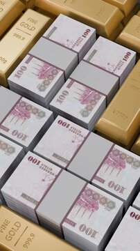 Vertical 3D Animation of Stacked Gold Bars and Bundles of Saudi Riyal Banknotes, Slow Cinematic Camera Movement, Wealth, Banking and Financial Investment Concept