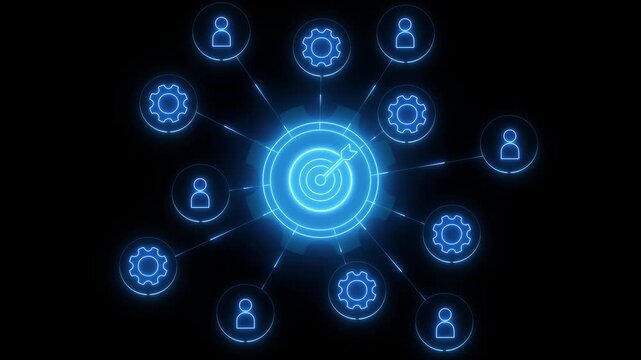Neon Customer relationship management and gear concept. wooden block with target icon linked with icons for customer focus group. Data exchanges development and customer service animation .