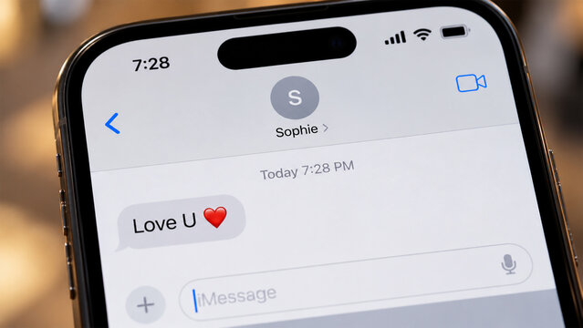 Close up of smartphone displaying a romantic Love U text message with red heart emoji in iMessage conversation, digital love confession, relationship communication and modern romance concept
