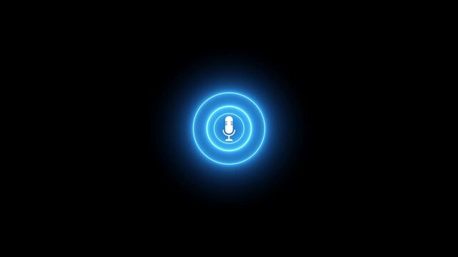 Glowing neon microphone icon on black background, digital sound frequency equalizer bars for podcast and music recording neon circle animated.