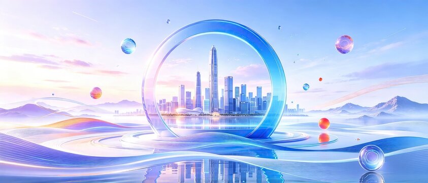 Modern futuristic smart city skyline framed inside large glowing transparent blue ring reflected on calm water under soft morning sky with colorful floating decorative spheres