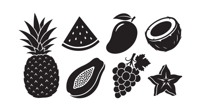 Black silhouette icons of tropical fruits including pineapple watermelon mango coconut and grapes