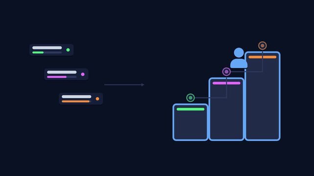 Seamless 4K looping animation illustrating promotion decision. Flat vector shapes, glowing blue and azure details and dark interface cards with blank text placeholders sit on a deep dark background, l