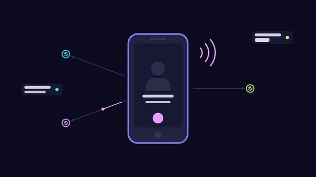Animated check references scene in a modern dark mode style with neon blue and azure accents and placeholder cards on a dark background. Smooth 4K seamless loop with room for text. Widescreen 16:9 foo