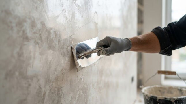 Hand in work glove smoothing plaster on interior wall with steel trowel. Renovation bucket and unfinished room in background. Home repair, plastering and wall finishing. Construction work.
