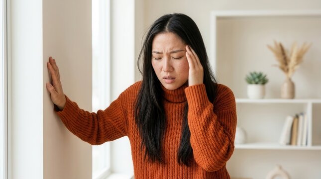 A woman feeling dizzy and losing balance while standing