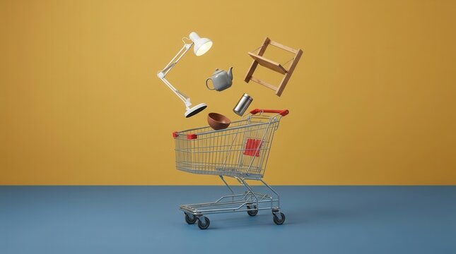 Floating kitchen items and a shopping cart symbolizing everyday purchases against a warm backdrop.